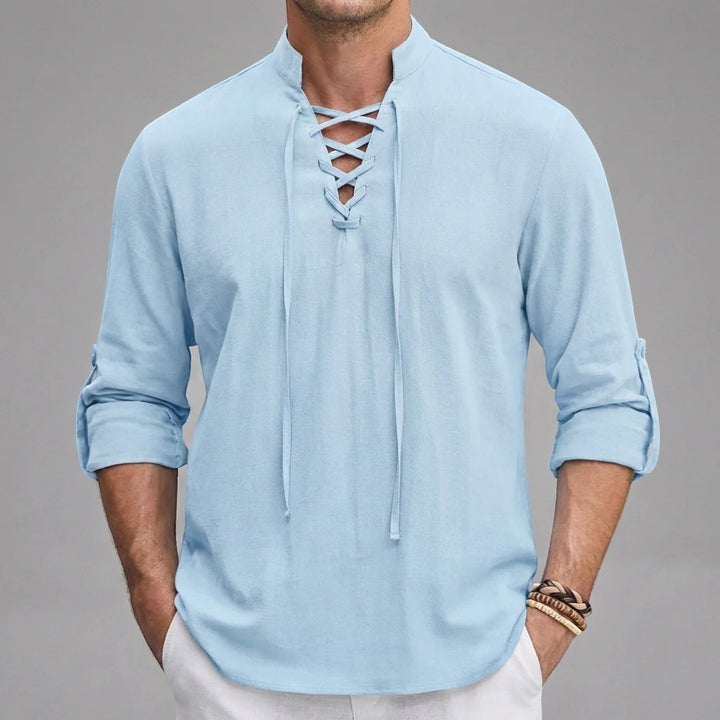 Chemise homme en lin col montant à lacets – Coupe ample décontractée