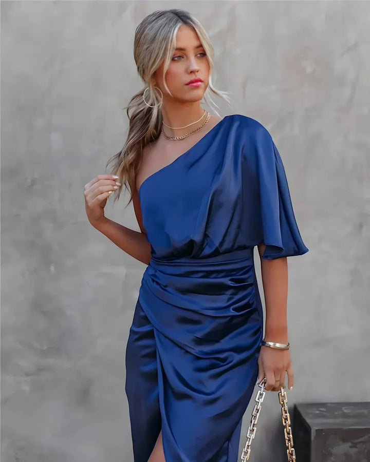 Asymmetrisches, einseitiges Abendkleid für Damen – schmaler Midi-Schnitt mit Schlitz | Baumwollmischung