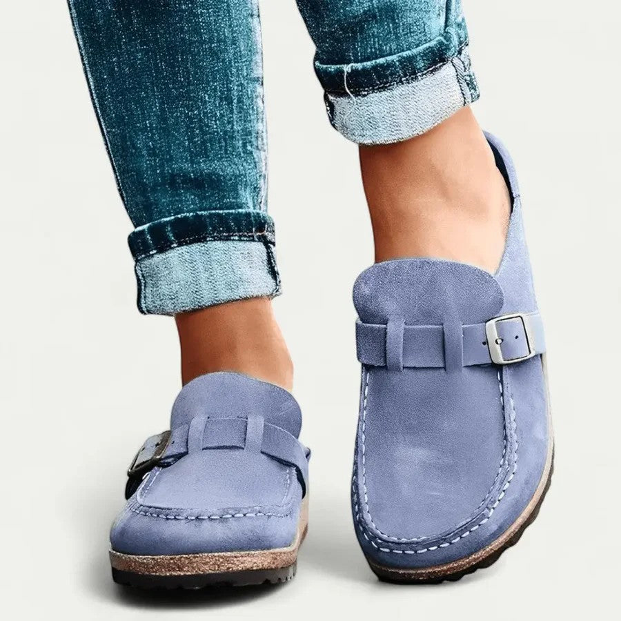 Women's flat suede mules – Slip-on style with buckle strap