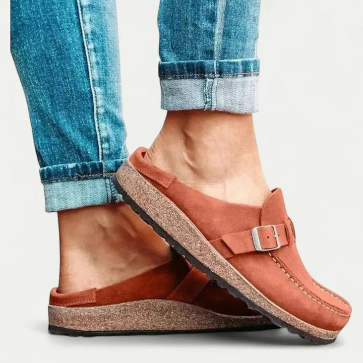 Women's flat suede mules – Slip-on style with buckle strap