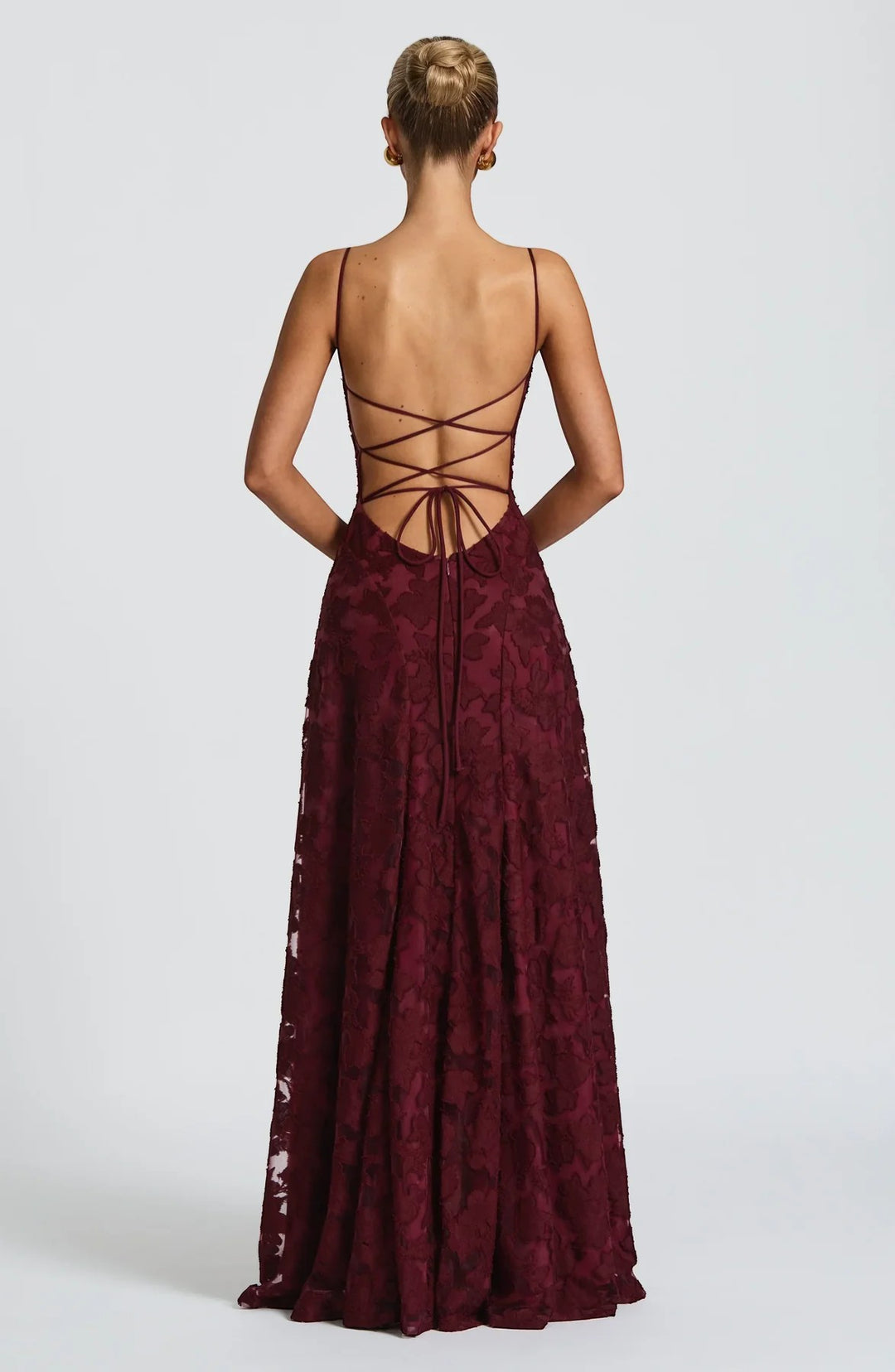 Maxikleid für Damen mit Rückenausschnitt und Schnürung – Tailliertes Oberteil | Strukturierte Spitze