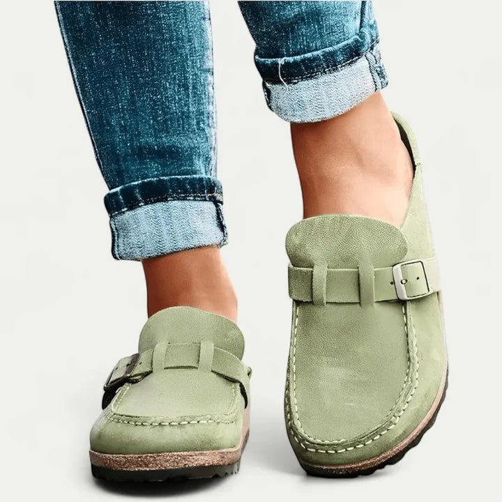 Women's flat suede mules – Slip-on style with buckle strap
