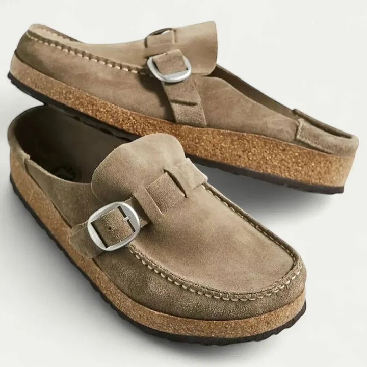 Women's flat suede mules – Slip-on style with buckle strap