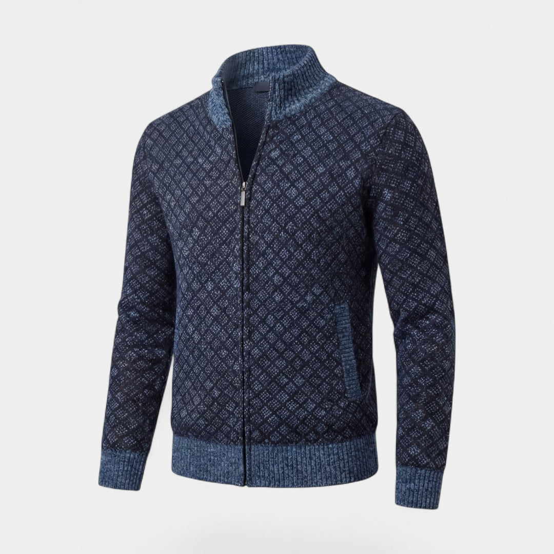 Herren-Strickjacke mit Reißverschluss aus Baumwolle – Karomuster, taillierte Passform