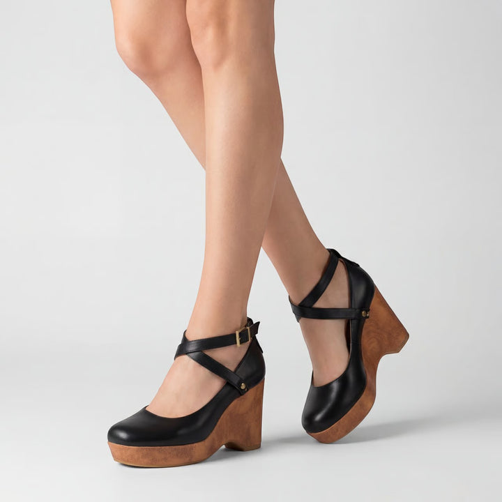 Women's leather platform wedge sandals – Ankle strap with thick heel