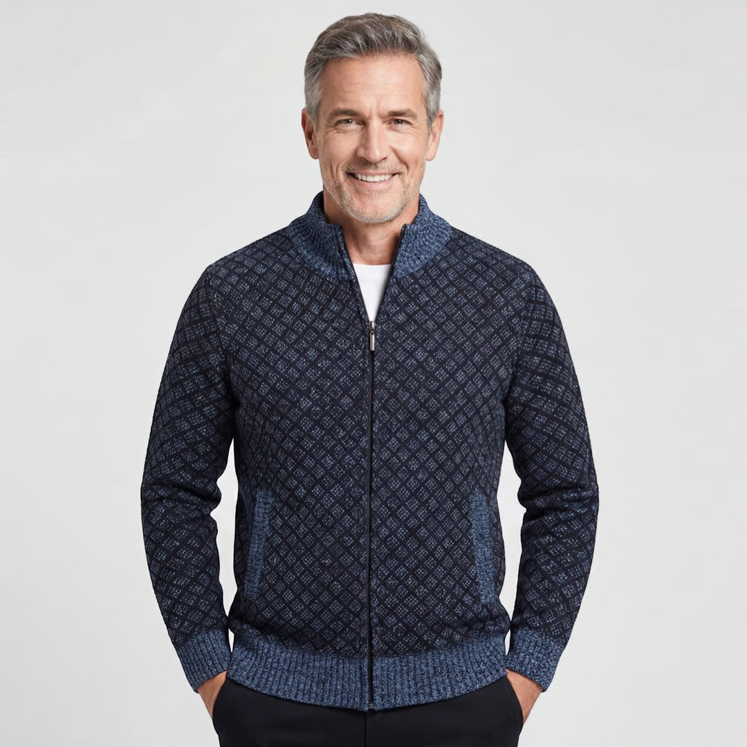 Herren-Strickjacke mit Reißverschluss aus Baumwolle – Karomuster, taillierte Passform