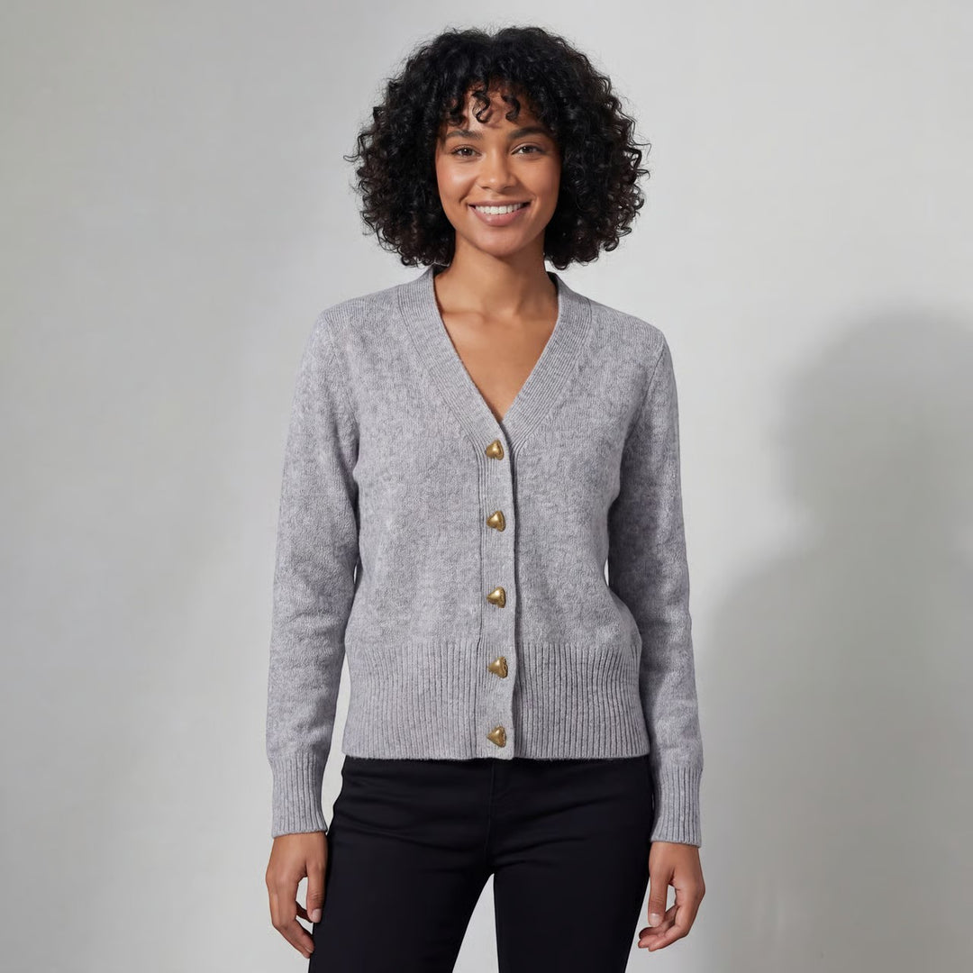 Women's V-neck knit cardigan – Relaxed fit with heart-shaped buckle