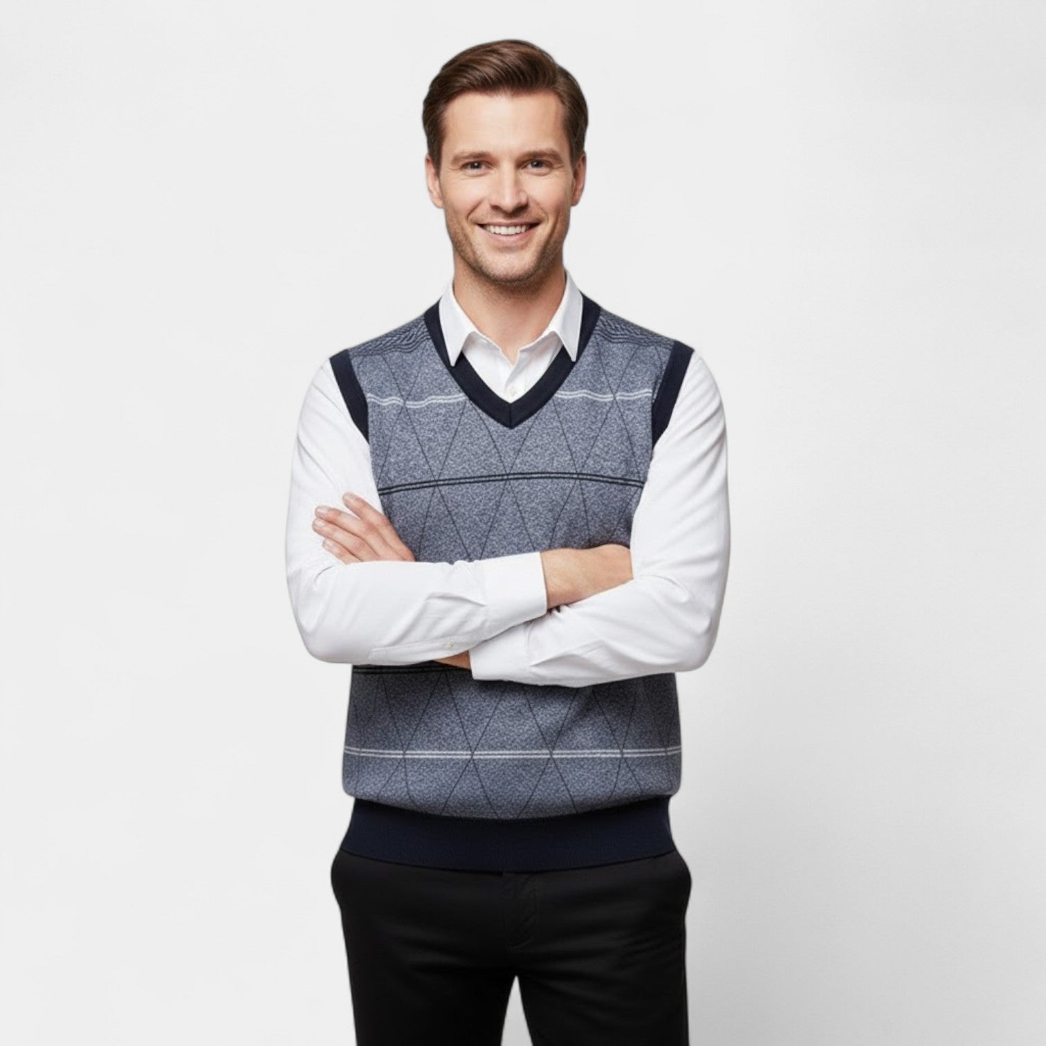 Riche | Gilet Sans Manches Col V Homme – Maille à Motif Losange