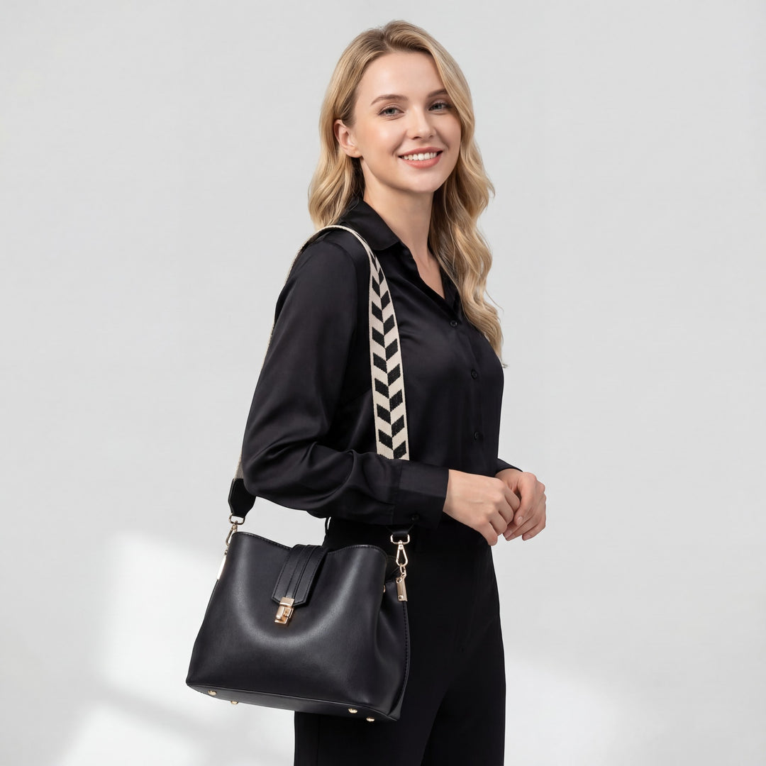 Glatte Leder-Beuteltasche für Damen – Verschluss mit Klappe und Riegel