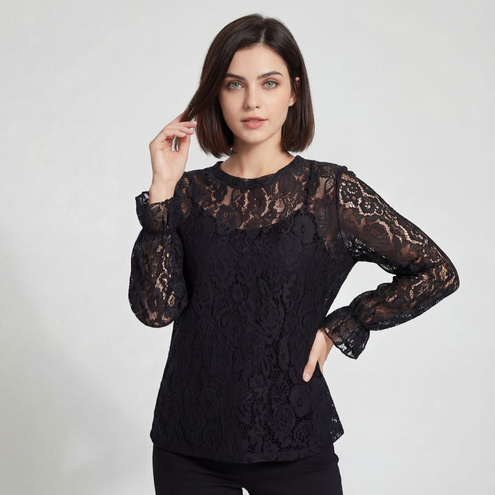 Women's long-sleeve lace blouse – Relaxed fit with openwork detailing