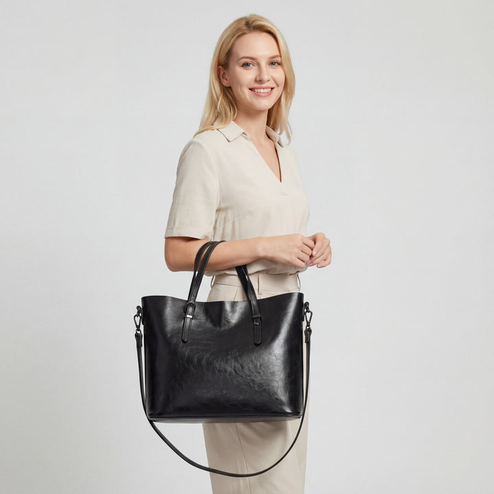 Einfache Ledertasche für Damen – Großes Fassungsvermögen