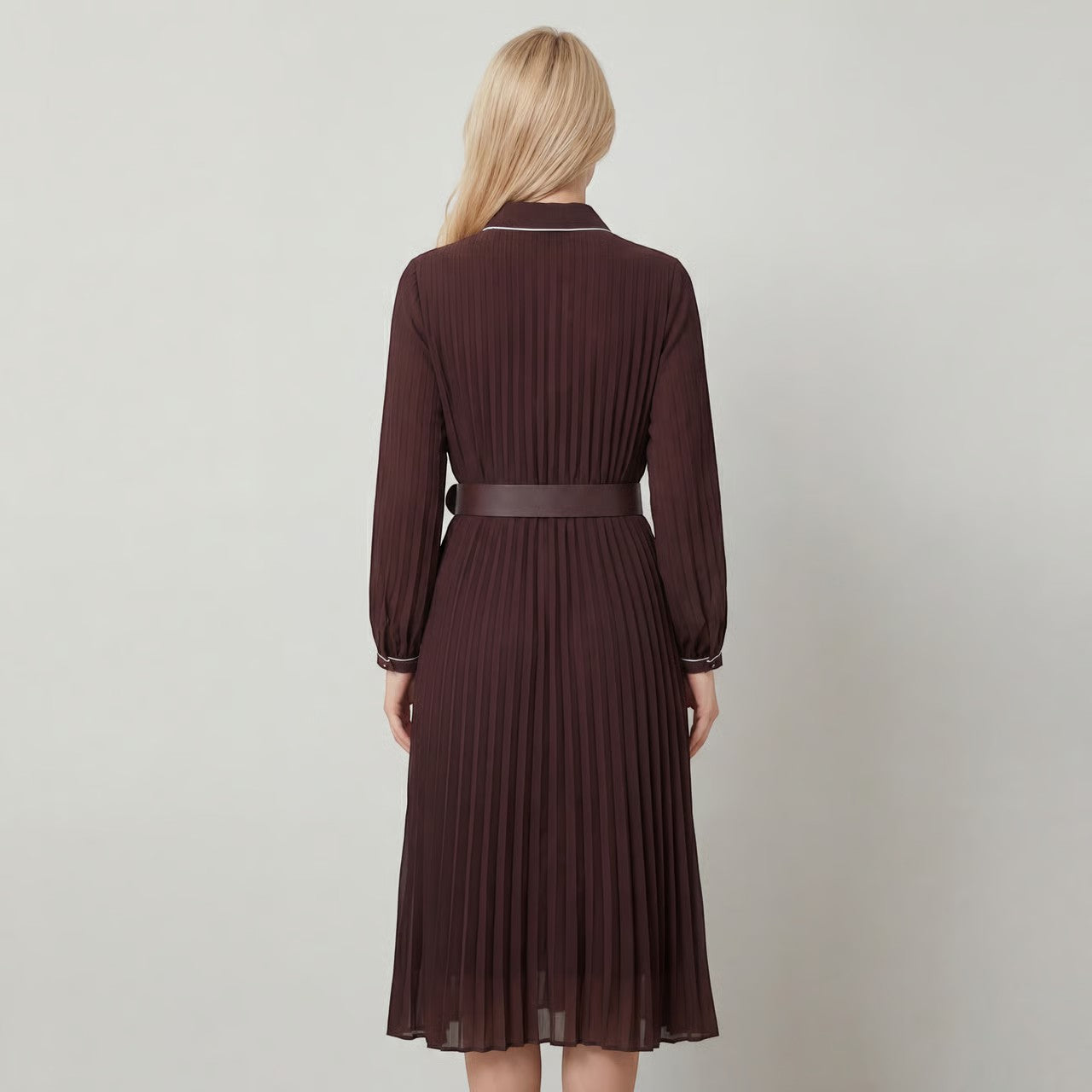 Riche | Robe Midi Plissée Tissée à Manches Longues pour Femme