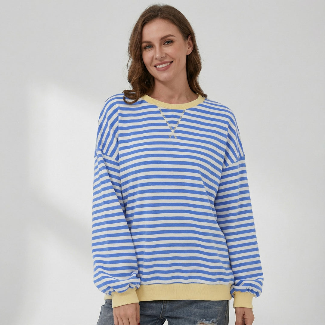 Women's long-sleeve striped cotton-blend top – Round neck
