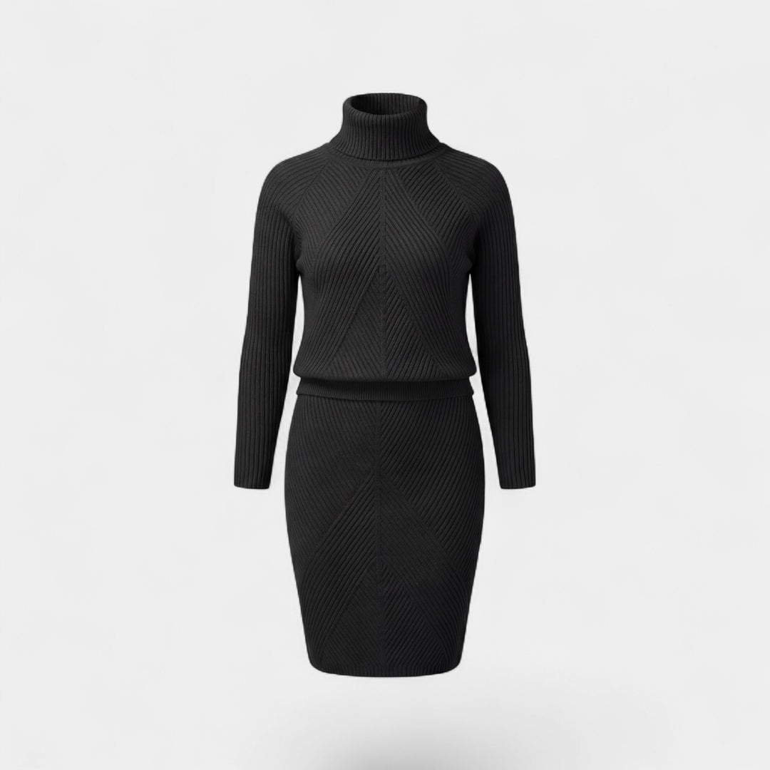 Set aus Rollkragenpullover und Strickrock für Damen – Taillierte Passform