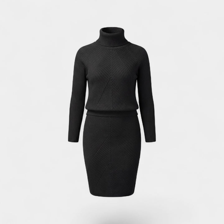 Set aus Rollkragenpullover und Strickrock für Damen – Taillierte Passform