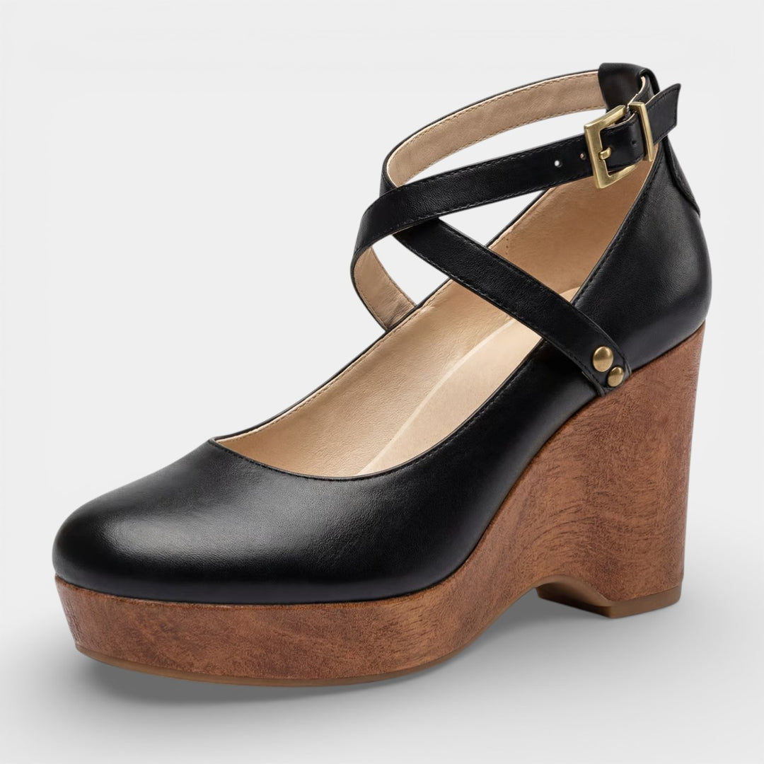 Women's leather platform wedge sandals – Ankle strap with thick heel