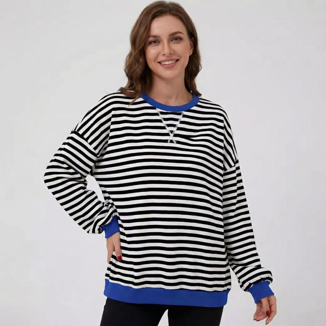 Women's long-sleeve striped cotton-blend top – Round neck