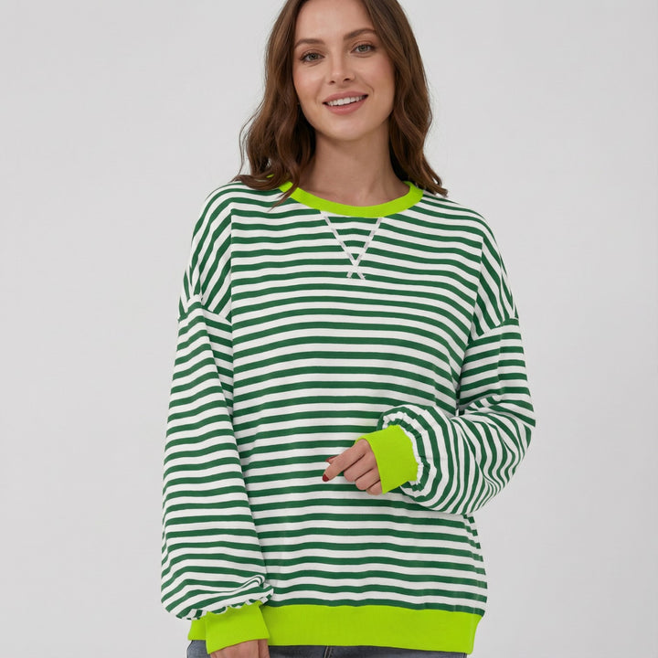 Women's long-sleeve striped cotton-blend top – Round neck