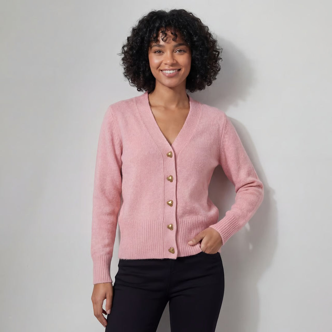 Women's V-neck knit cardigan – Relaxed fit with heart-shaped buckle