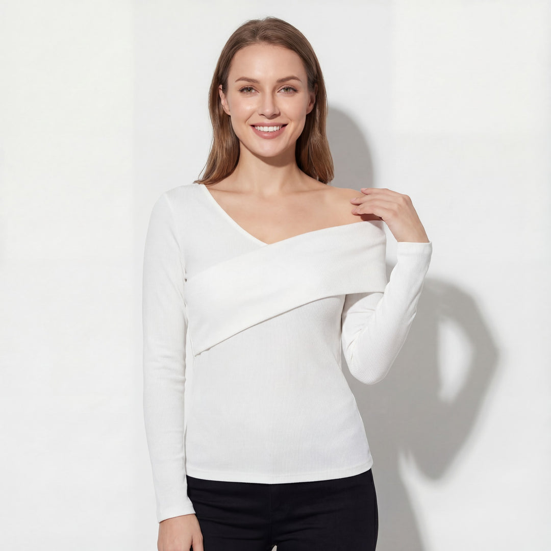Women's stretch knit off-the-shoulder top – Fitted cut with long sleeves
