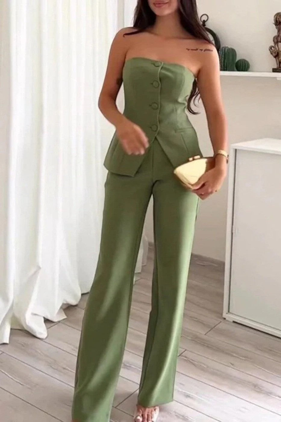 Riche | Women's Two-Piece Strapless Suit Set in Woven Fabric