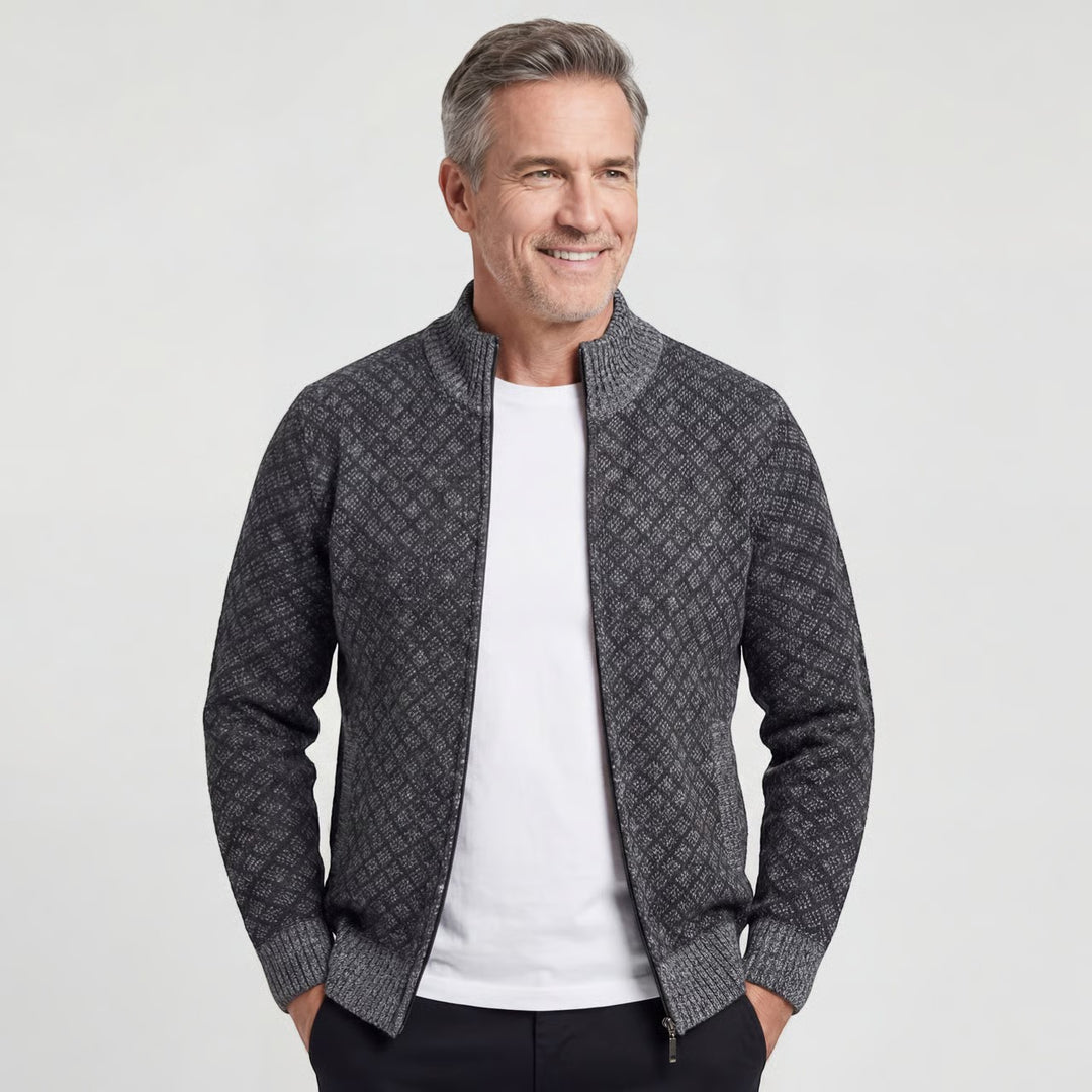 Herren-Strickjacke mit Reißverschluss aus Baumwolle – Karomuster, taillierte Passform