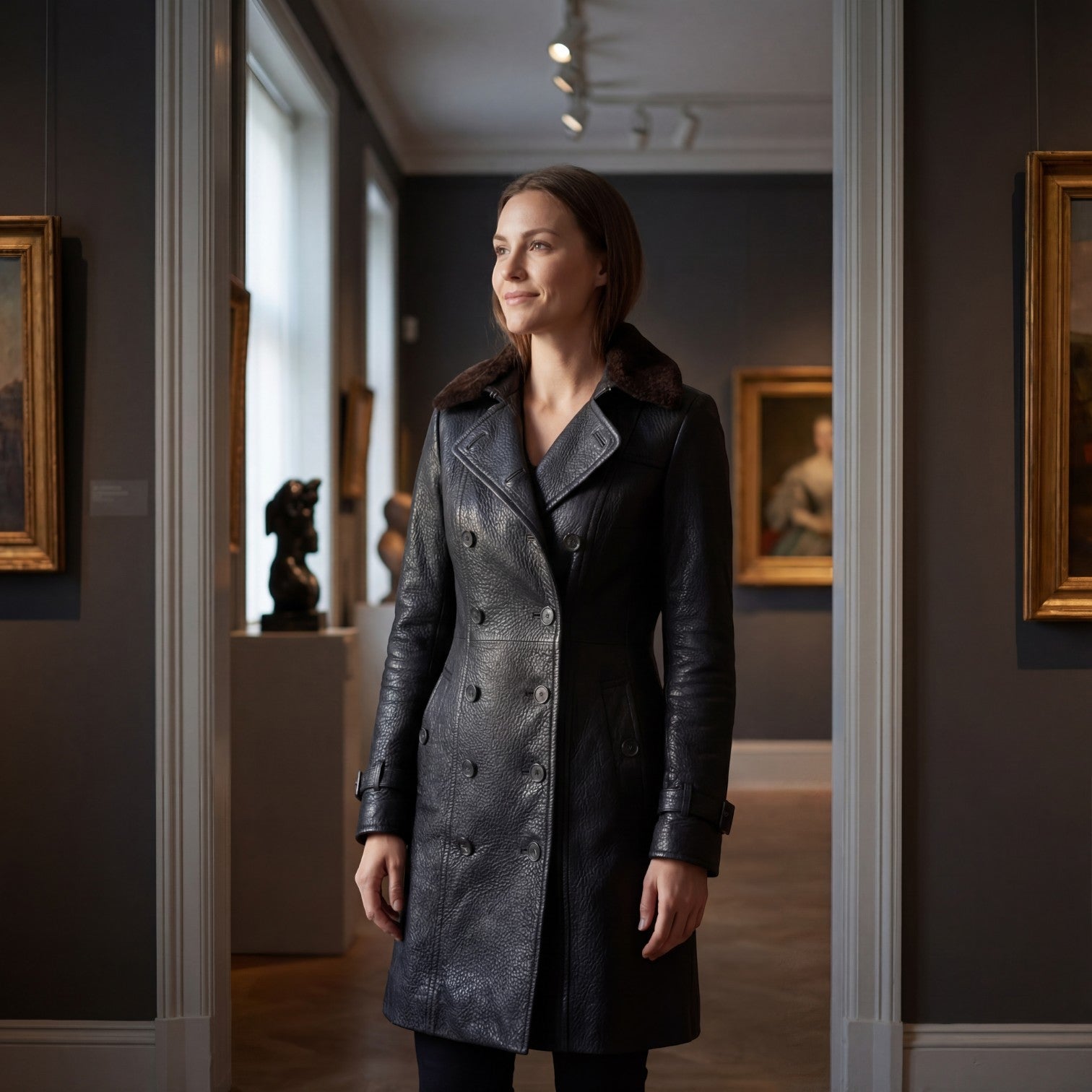 Riche | Manteau femme en cuir à col fourrure