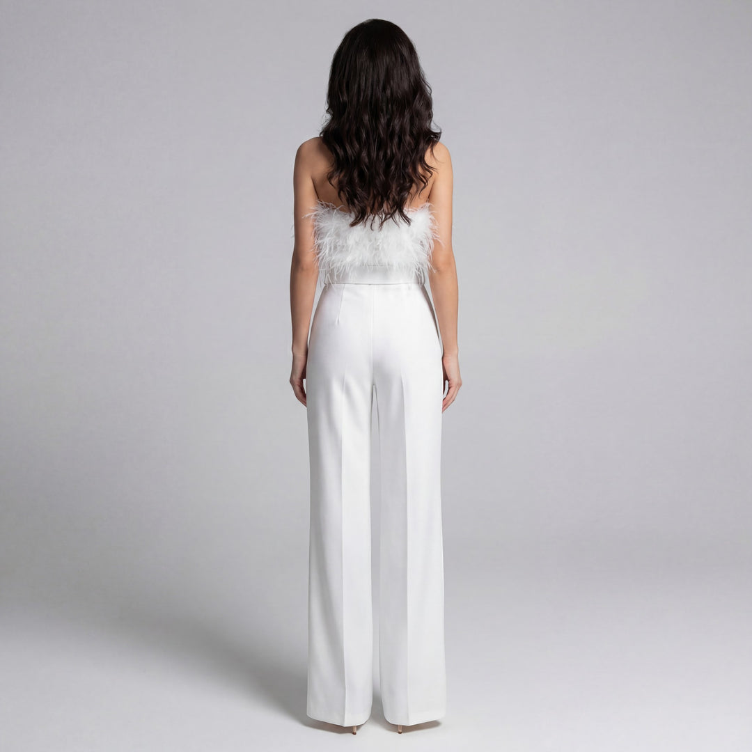 Women's strapless fabric jumpsuit – Fitted cut with feathers