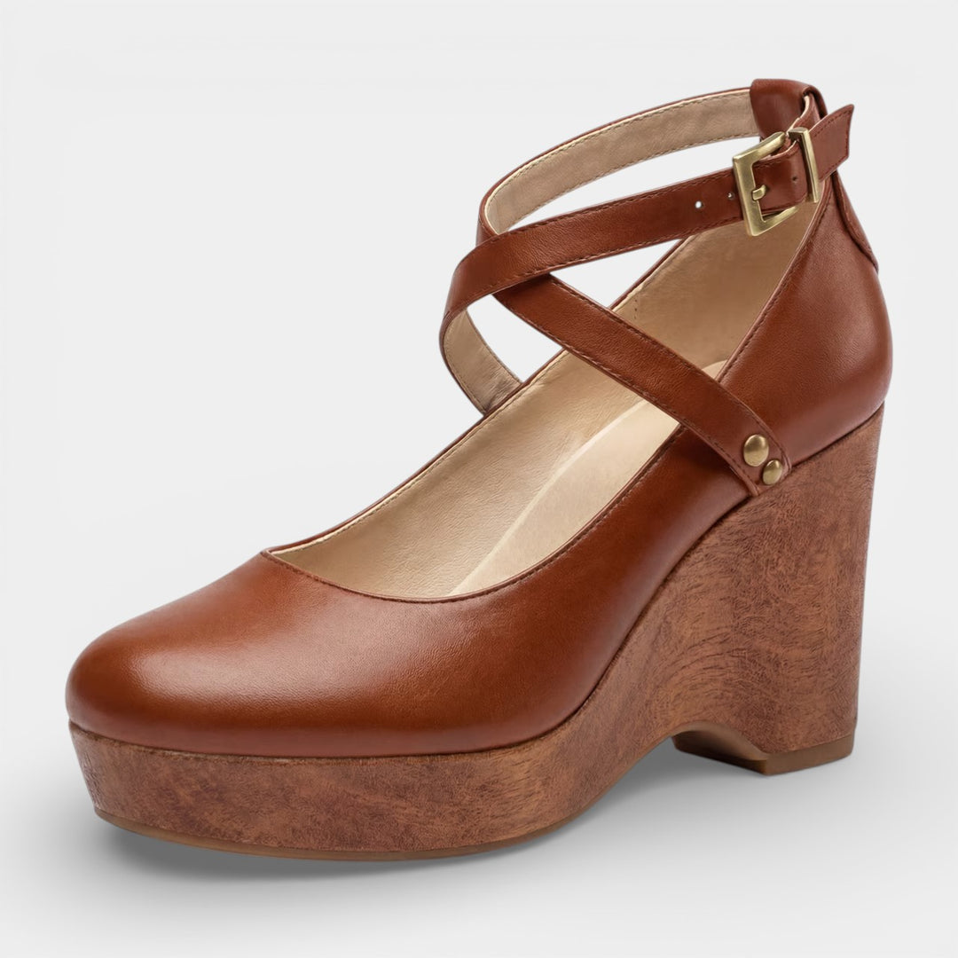 Women's leather platform wedge sandals – Ankle strap with thick heel