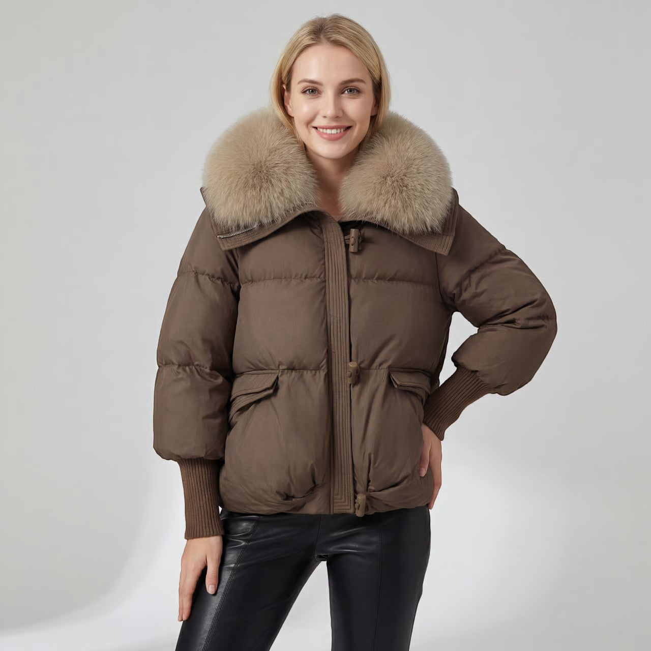 Riche | Femme Manteau d’Hiver Matelassé en Coton avec Col en Fourrure