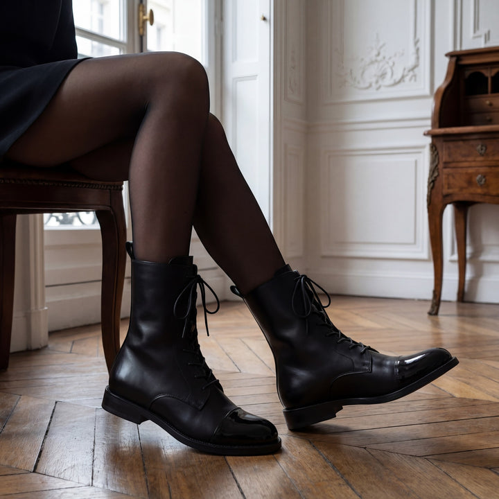 Halbhohe Schnürstiefeletten aus Leder für Damen – Rundspitze, strukturierter Schnitt