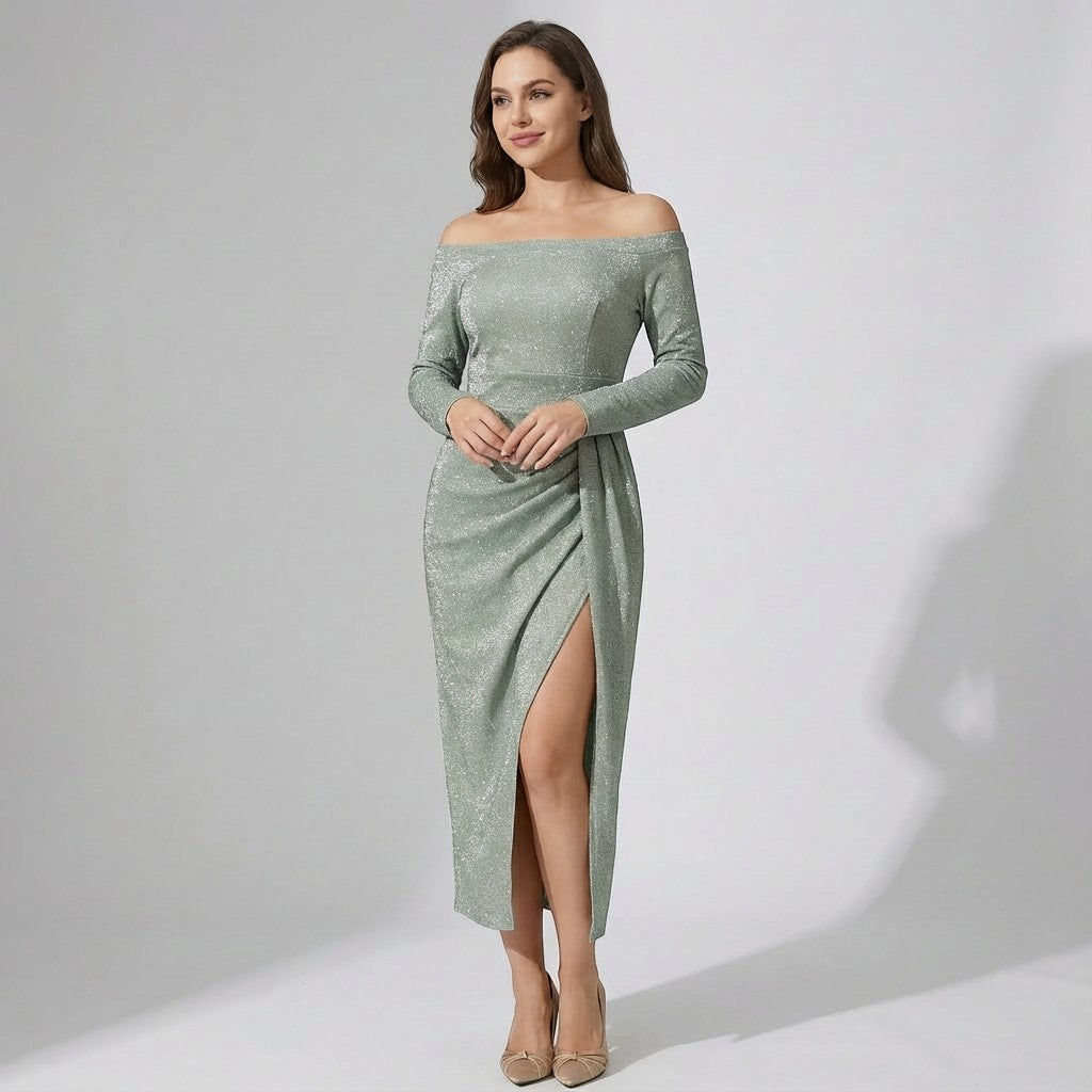 Women's Off-the-Shoulder Dress in Shimmering Knit – Bodycon Fit