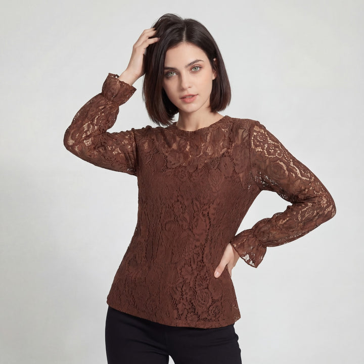 Women's long-sleeve lace blouse – Relaxed fit with openwork detailing