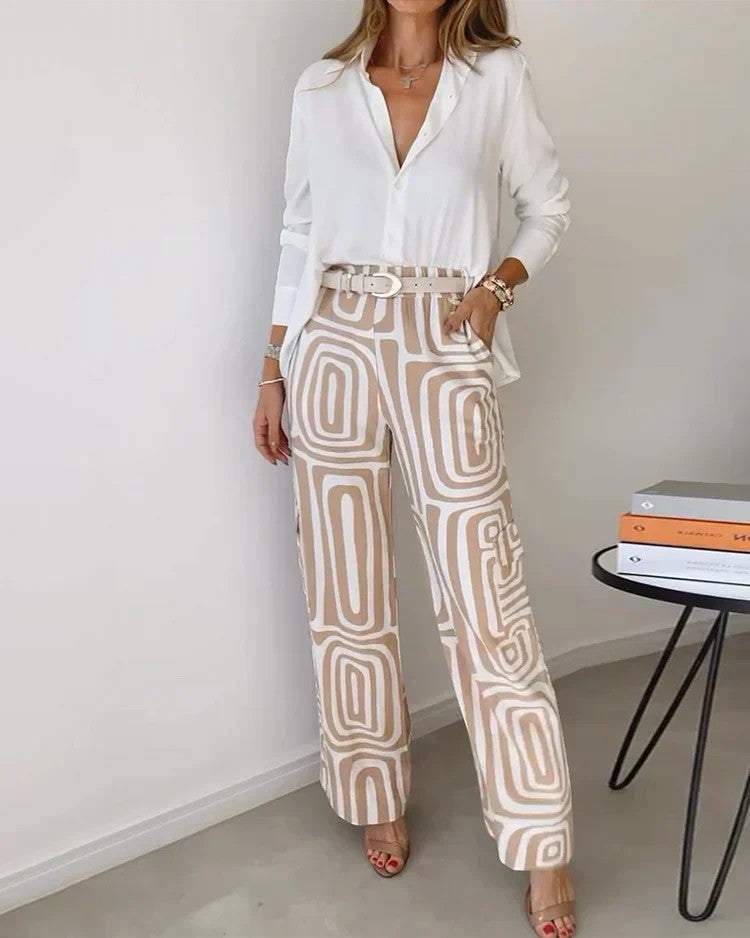 Ensemble Femme Deux Pièces Imprimé Pantalon Large – Taille Haute Ceinturée | Tissu Léger