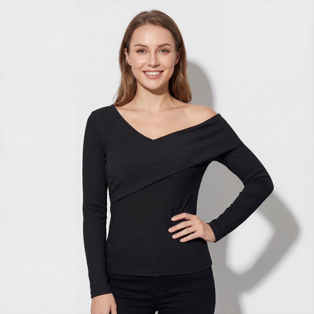 Women's stretch knit off-the-shoulder top – Fitted cut with long sleeves