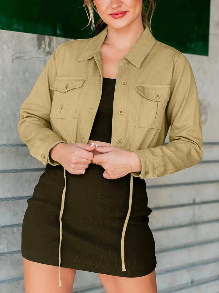 Veste Courte Femme Coton Mélangé – Coupe Ample avec Poches Poitrine