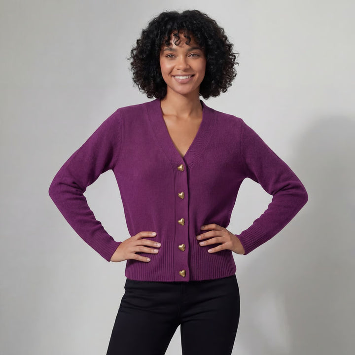 Women's V-neck knit cardigan – Relaxed fit with heart-shaped buckle