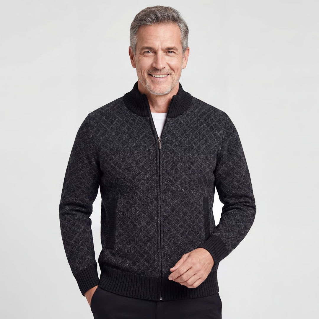 Herren-Strickjacke mit Reißverschluss aus Baumwolle – Karomuster, taillierte Passform