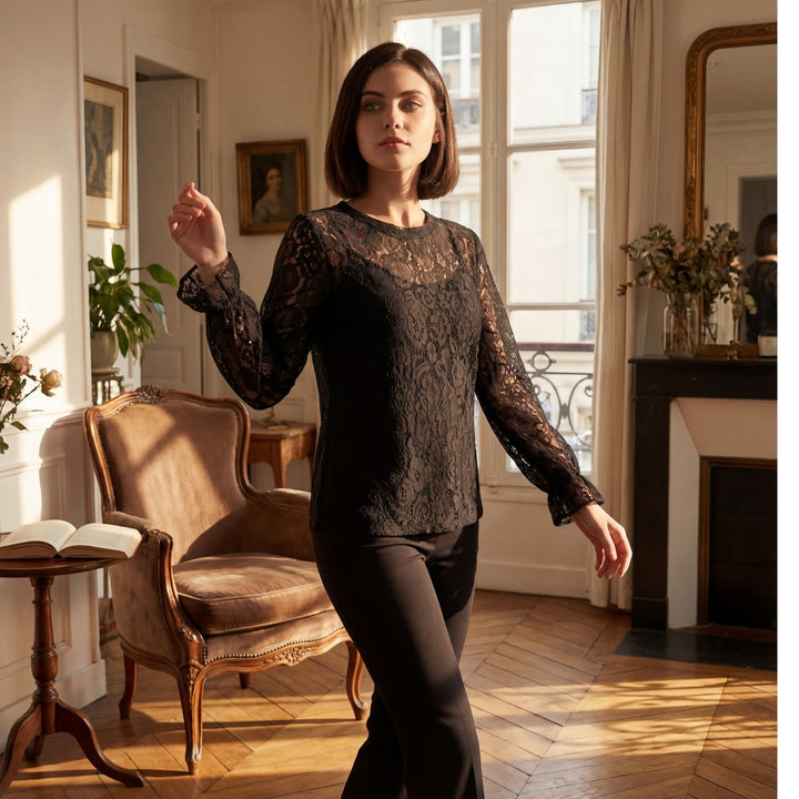 Women's long-sleeve lace blouse – Relaxed fit with openwork detailing