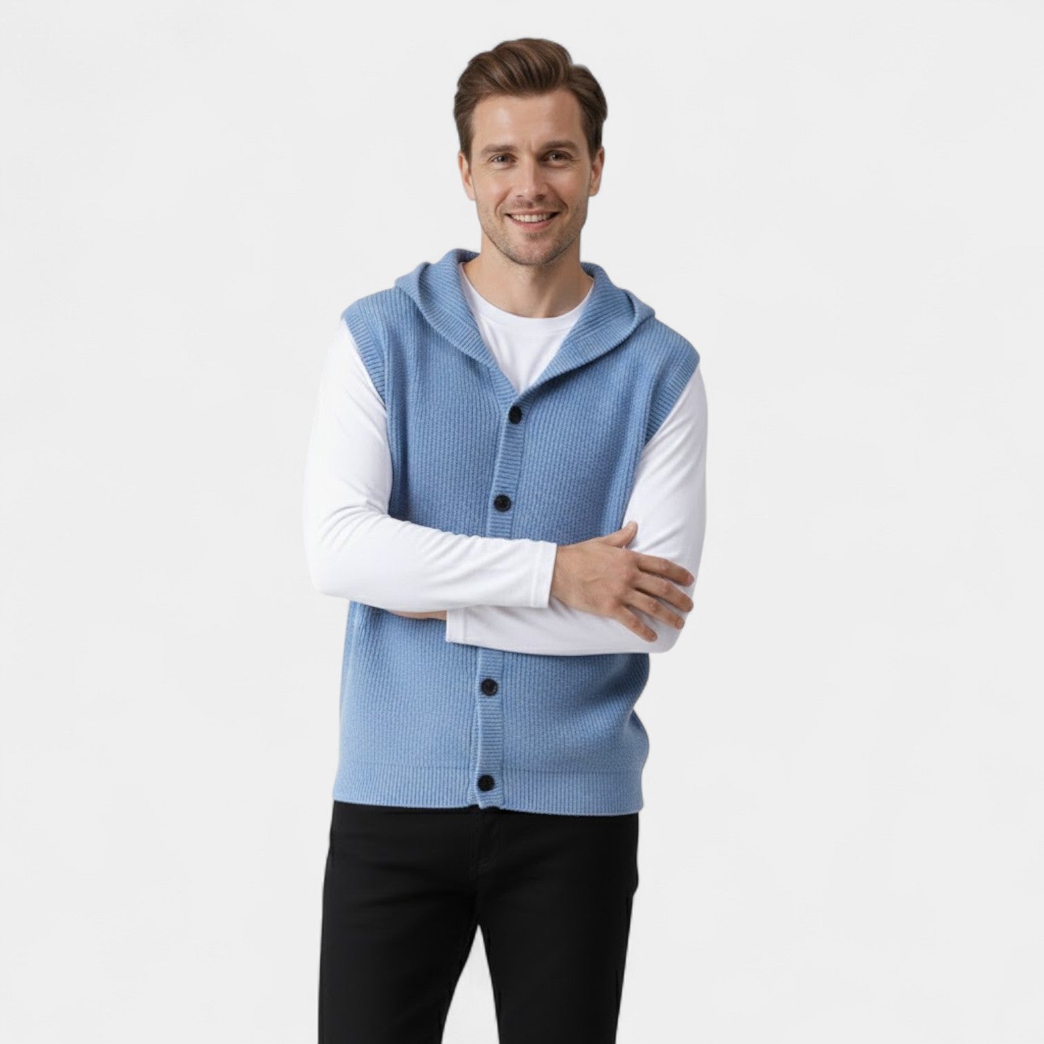Riche | Gilet Sans Manches Col V Homme – 100% Laine Mérinos à Capuche