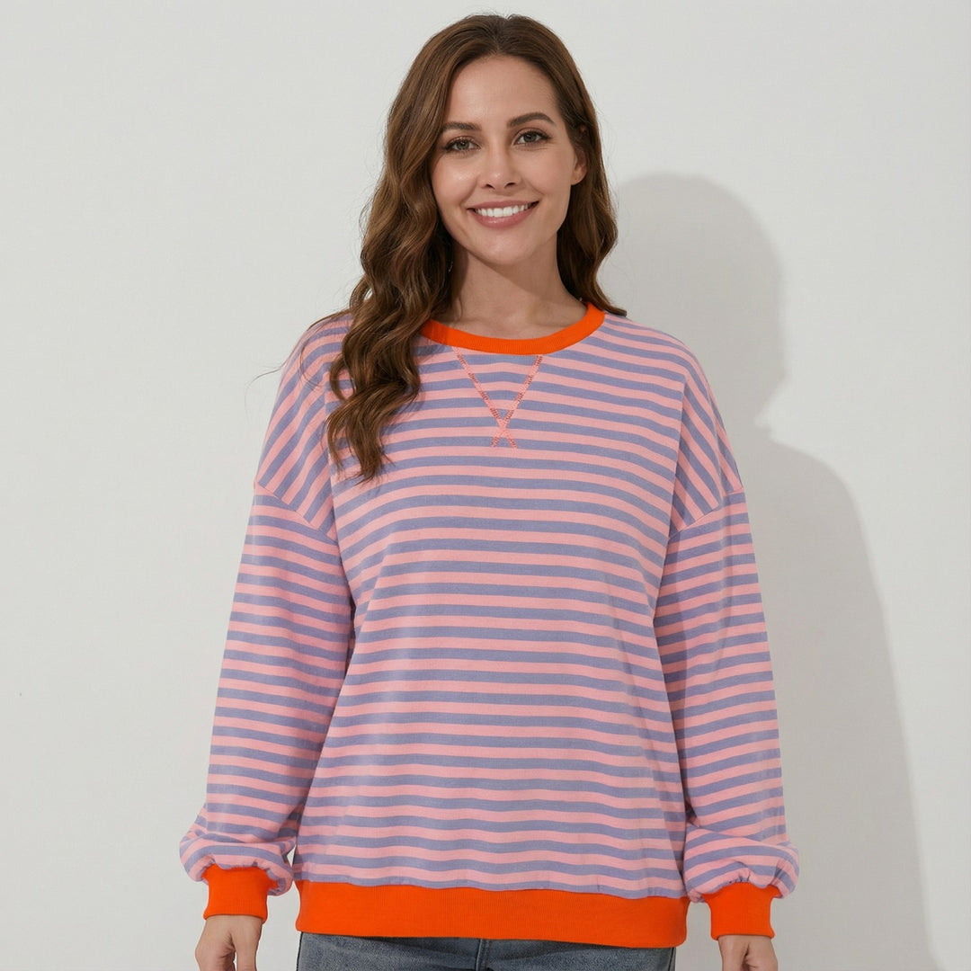 Women's long-sleeve striped cotton-blend top – Round neck