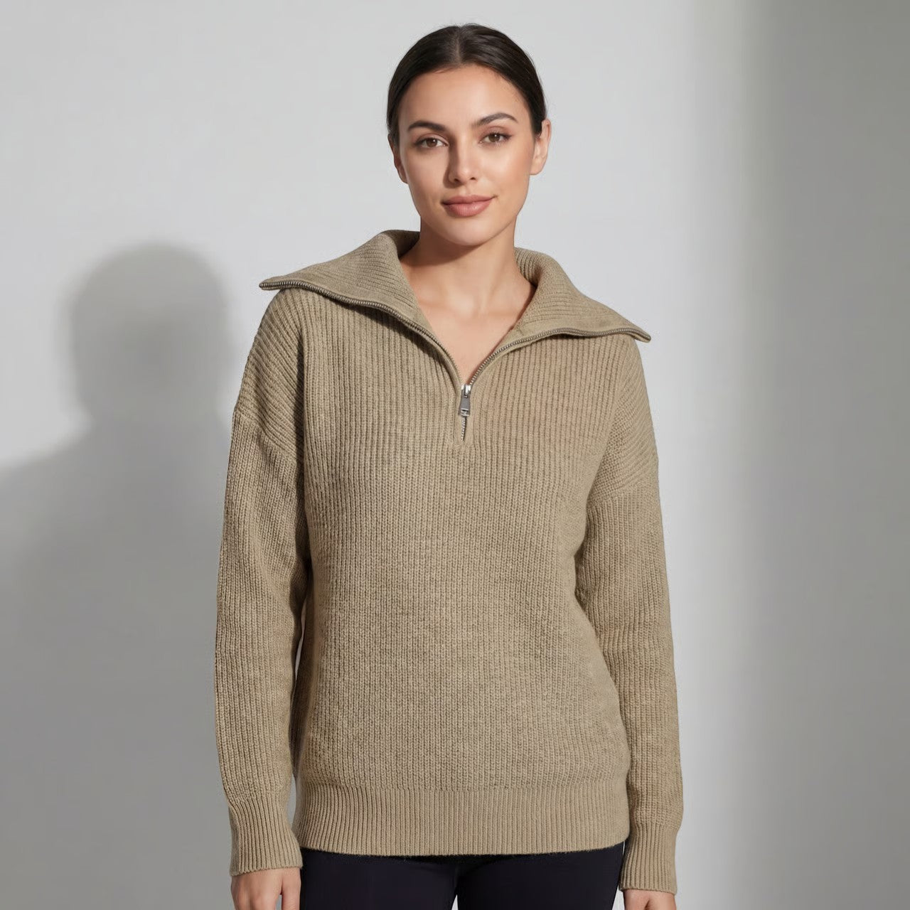 Riche | Pull Femme Côtelé en Maille à Demi-Zip