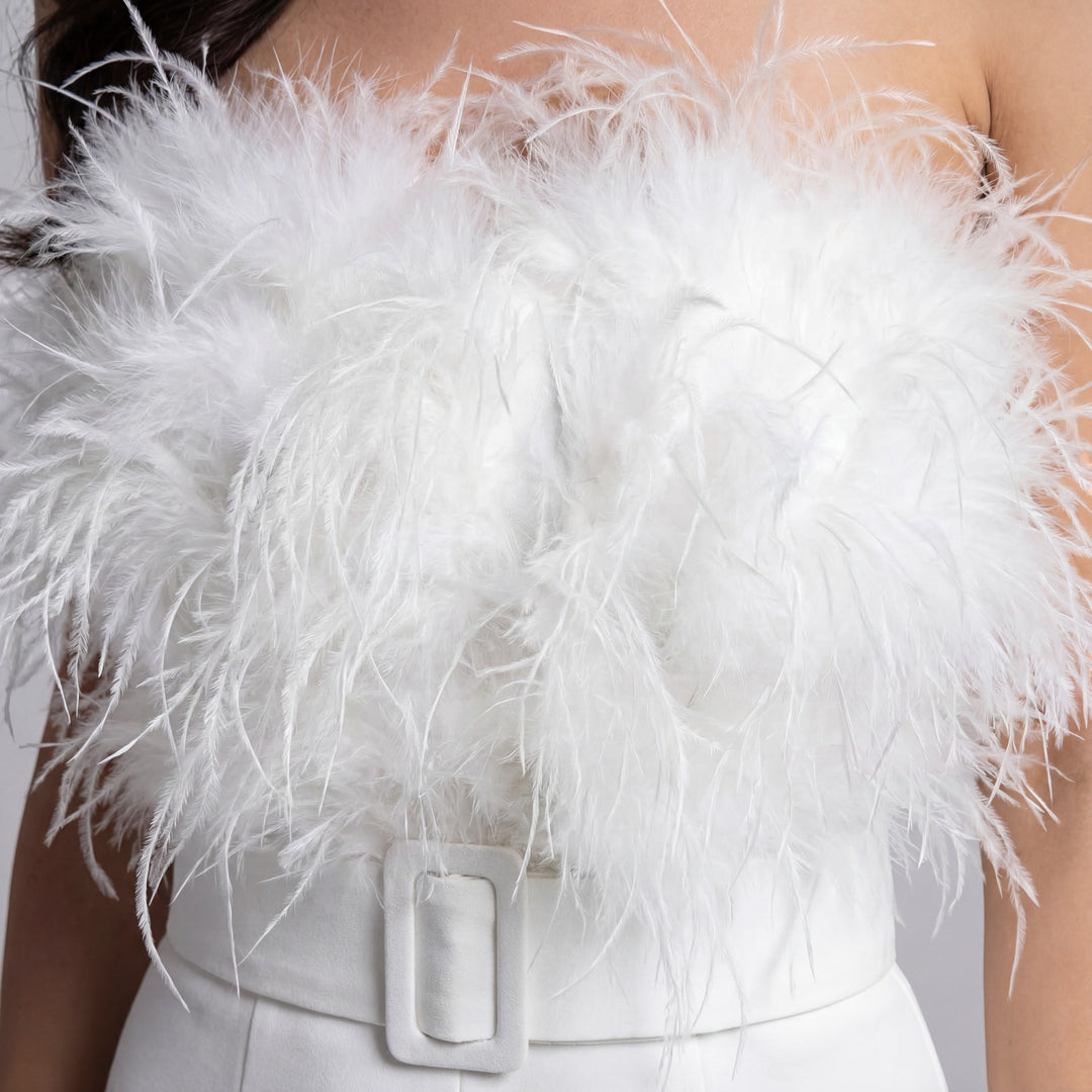 Women's strapless fabric jumpsuit – Fitted cut with feathers