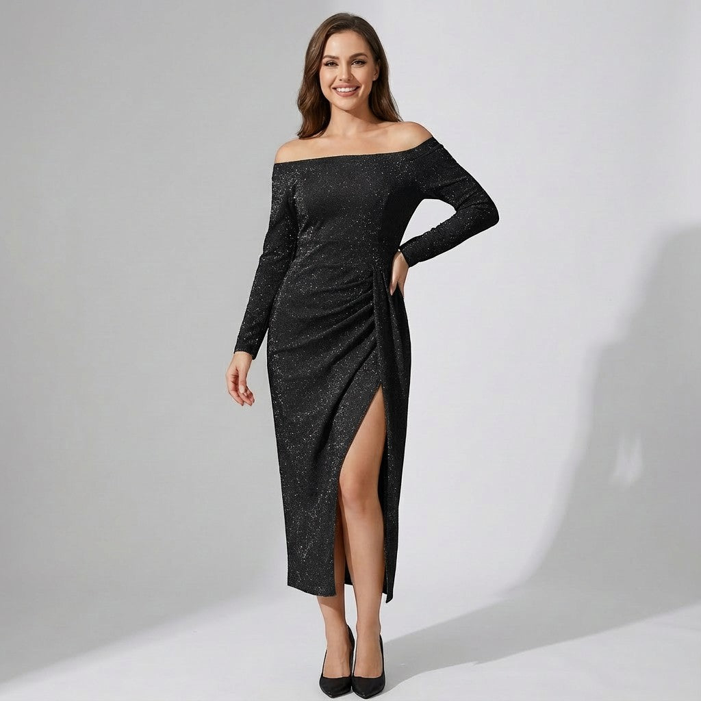 Women's Off-the-Shoulder Dress in Shimmering Knit – Bodycon Fit