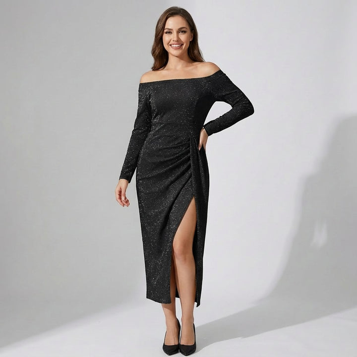 Women's Off-the-Shoulder Dress in Shimmering Knit – Bodycon Fit
