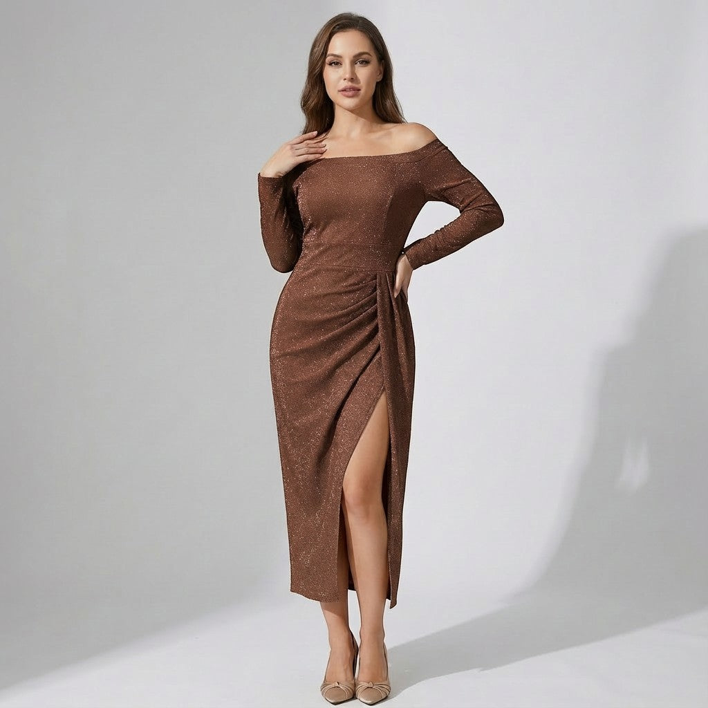 Women's Off-the-Shoulder Dress in Shimmering Knit – Bodycon Fit