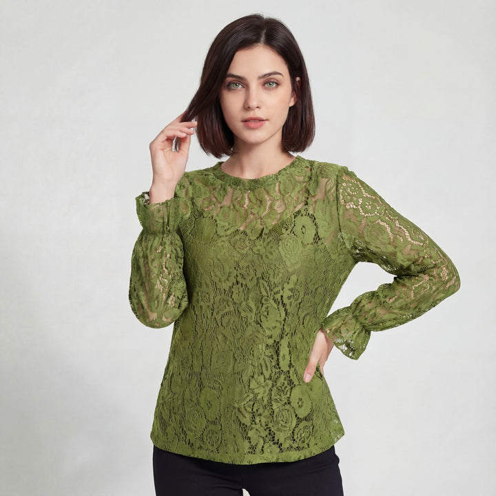 Women's long-sleeve lace blouse – Relaxed fit with openwork detailing