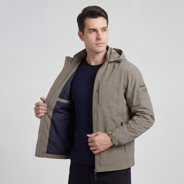 Men's Waterproof Outdoor Jacket in Nylon Blend – Lightweight Fit with Hood