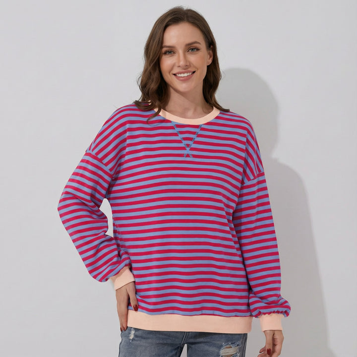 Women's long-sleeve striped cotton-blend top – Round neck