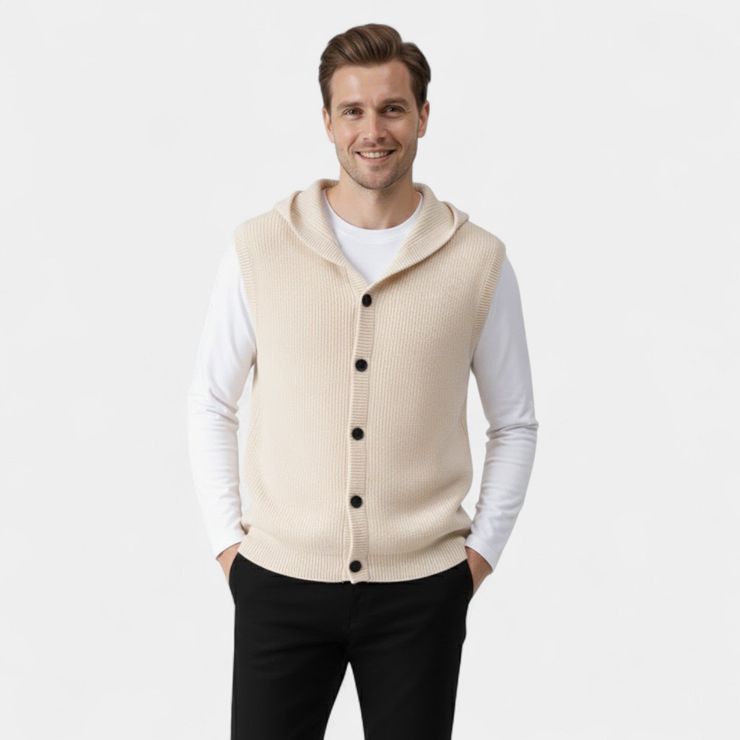 Riche | Gilet Sans Manches Col V Homme – 100% Laine Mérinos à Capuche